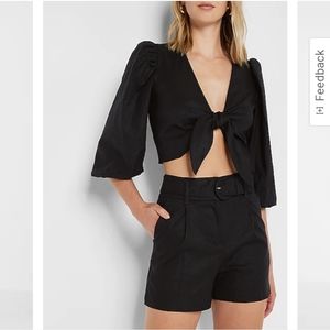 NWT Express Super High Waisted Belted Linen-Blend Shorts - Pitch Black - size 10